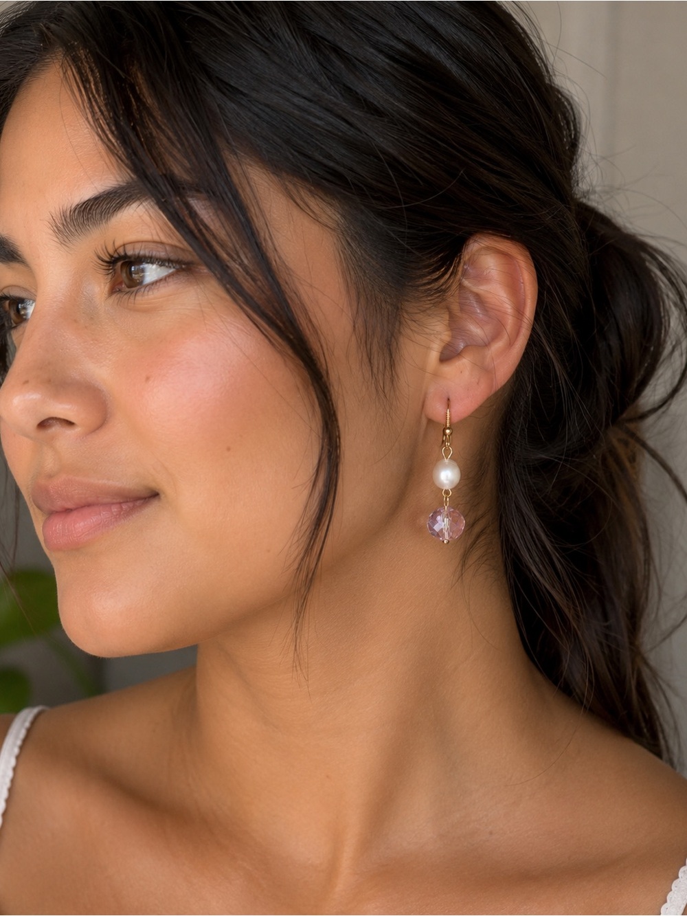 Gold-Tone Freshwater Pearl and Pink Iridescent Crystal Drop Earrings